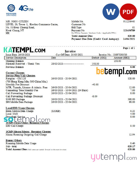 China Mobile Limited payment invoice template in .doc and .pdf format, fully editable