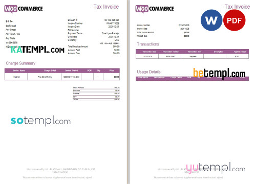 Ireland WooCommerce tax invoice template in .doc and .pdf format, fully editable