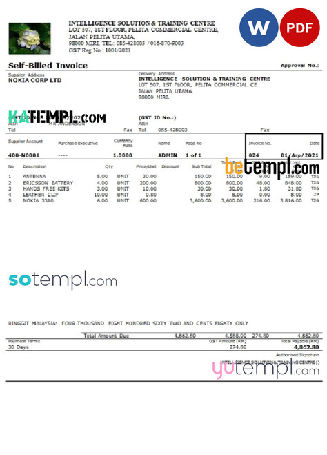 Malaysia Intelligence Solution &amp; Training Centre self-billed invoice in Word and PDF format
