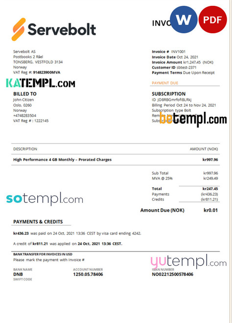 Norway Servebolt high performance hosting company invoice template in Word and PDF format, fully editable