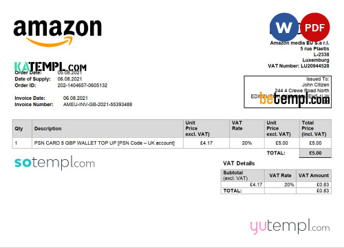 United Kingdom Amazon American multinational technology company invoice template in Word and PDF format, fully editable