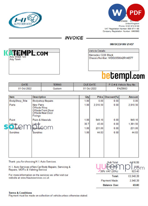United Kingdom H I Auto Services Ltd invoice Word and PDF template, fully editable