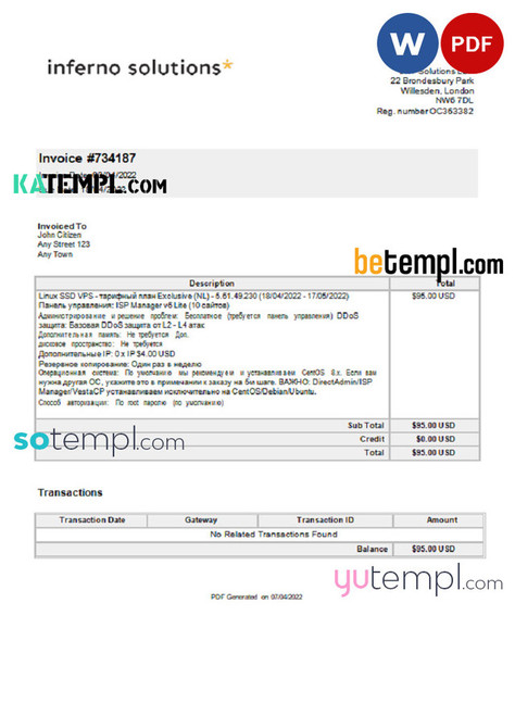 United Kingdom Inferno Solutions invoice Word and PDF template, fully editable