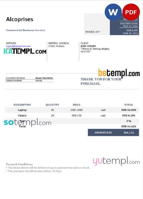 USA Alcoprises invoice template in Word and PDF format, fully editable