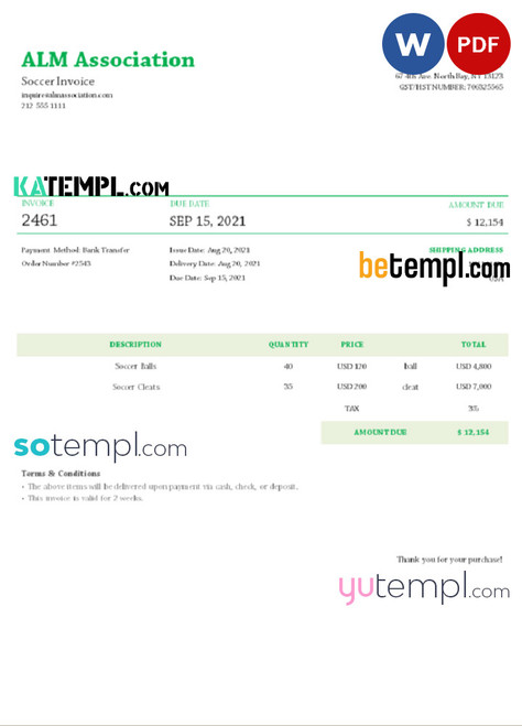 USA ALM Association invoice template in Word and PDF format, fully editable