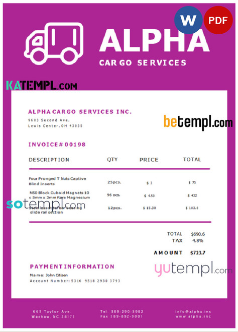 USA Alpha Cargo Services invoice template in Word and PDF format, fully editable