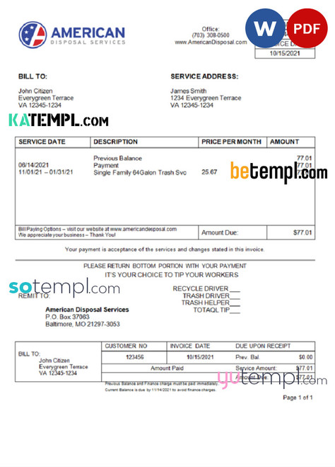 USA American Disposal invoice template in Word and PDF format, fully editable