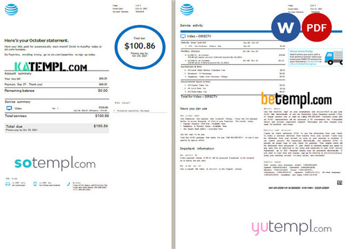 USA AT&T invoice template in Word and PDF format, fully editable, 3 pages