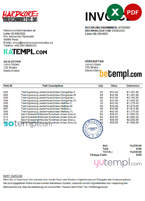 Germany Hardcore Merchandise invoice template in Excel and PDF format