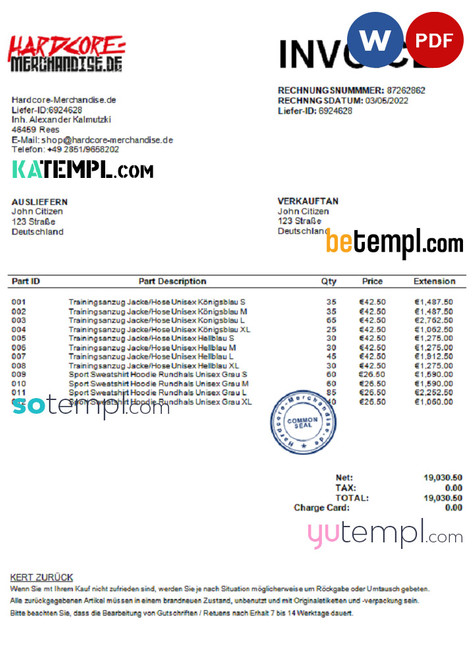 Germany Hardcore Merchandise invoice template in Word and PDF format