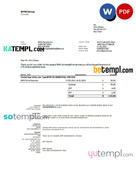 USA BMW invoice template in Word and PDF format, fully editable