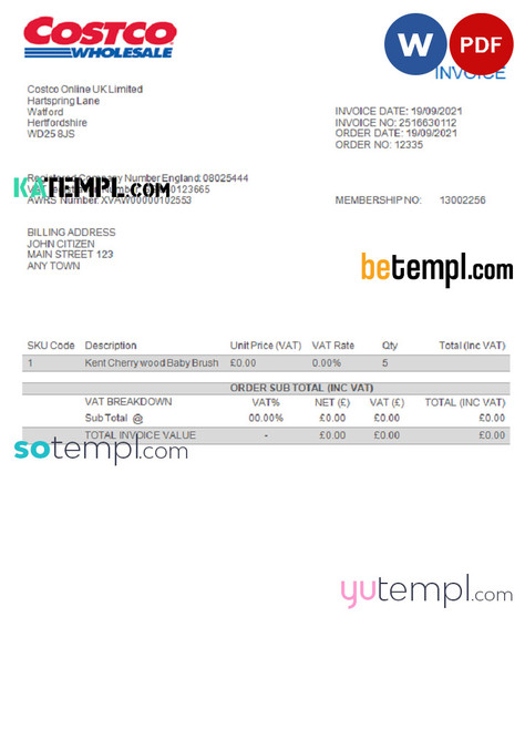 USA Costco invoice template in Word and PDF format, fully editable
