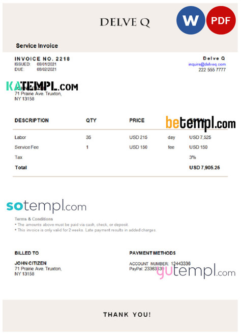 USA Delve Q invoice template in Word and PDF format, fully editable