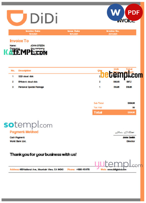 USA Didi Chuxing invoice template in Word and PDF format, fully editable