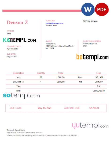 USA Denson Z invoice template in Word and PDF format, fully editable