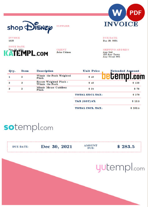 USA Disney invoice template in Word and PDF format, fully editable