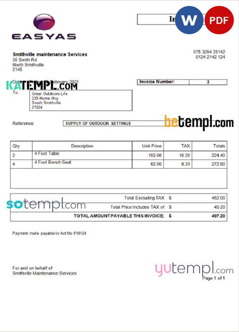 USA Easyas Driver Training invoice template in Word and PDF format, fully editable