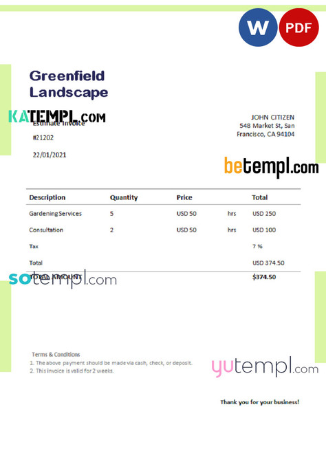 USA Greenfield Landscape invoice template in Word and PDF format, fully editable