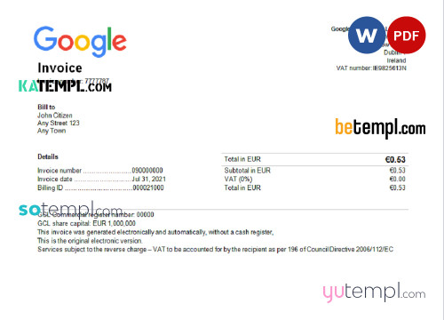 USA Google invoice template in Word and PDF format, fully editable