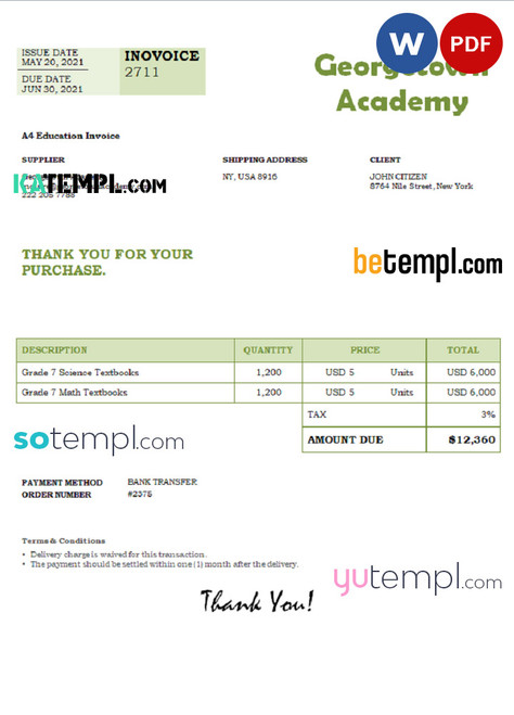 USA Georgetown Academy invoice template in Word and PDF format, fully editable
