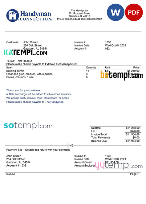 USA Handyman Home Service Company invoice template in Word and PDF format, fully editable