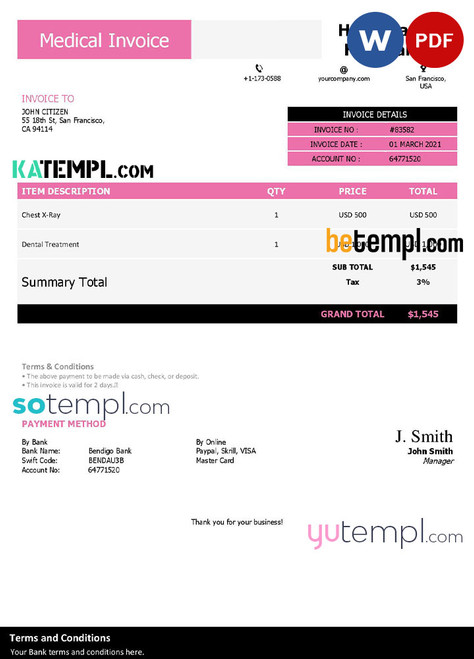 USA Healthcare Hospitals invoice template in Word and PDF format, fully editable