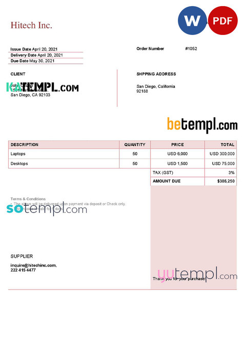 USA Hitech Inc. invoice template in Word and PDF format, fully editable
