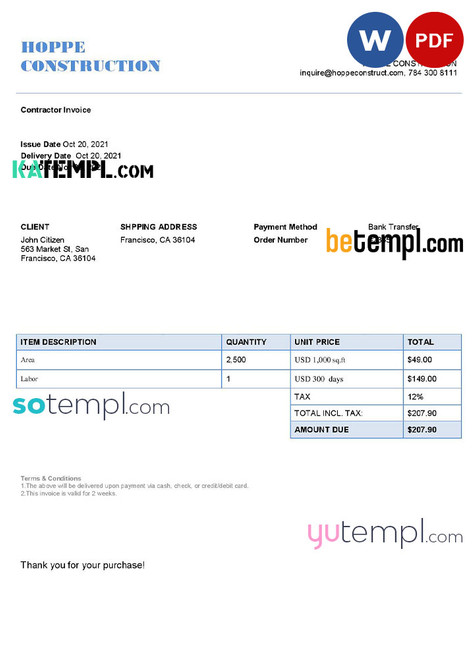 USA Hope Construction invoice template in Word and PDF format, fully editable