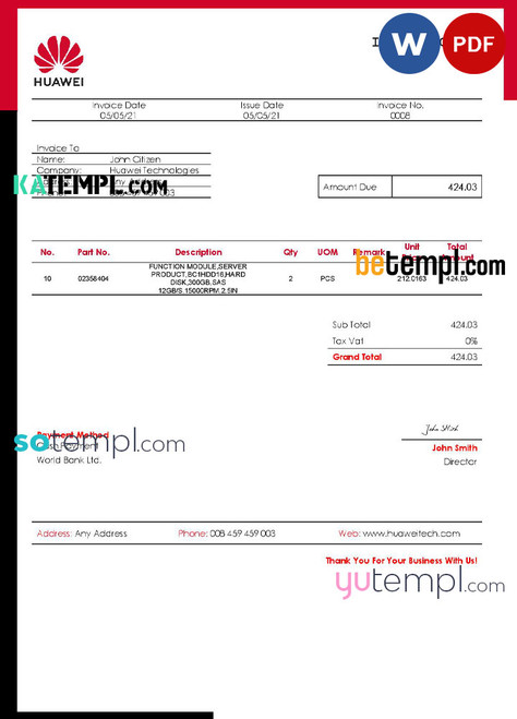 USA Huawei invoice template in Word and PDF format, fully editable