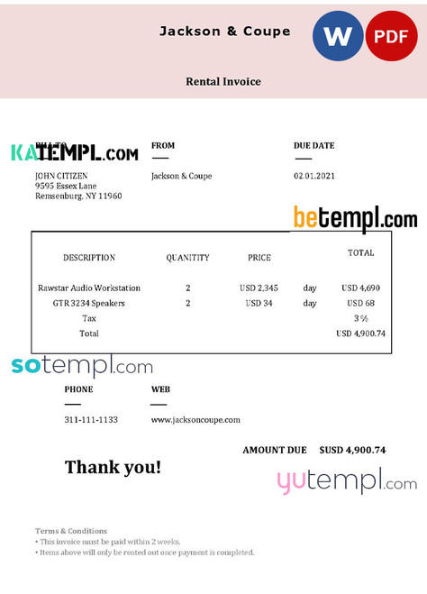 USA Jackson & Coupe invoice template in Word and PDF format, fully editable