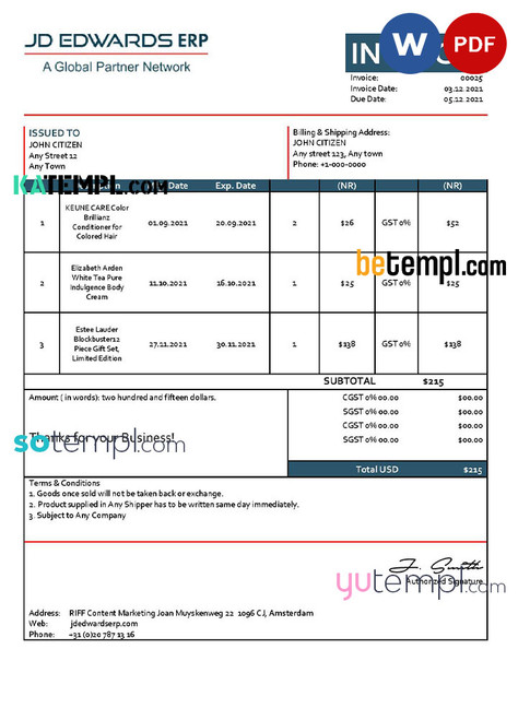 USA JD invoice template in Word and PDF format, fully editable