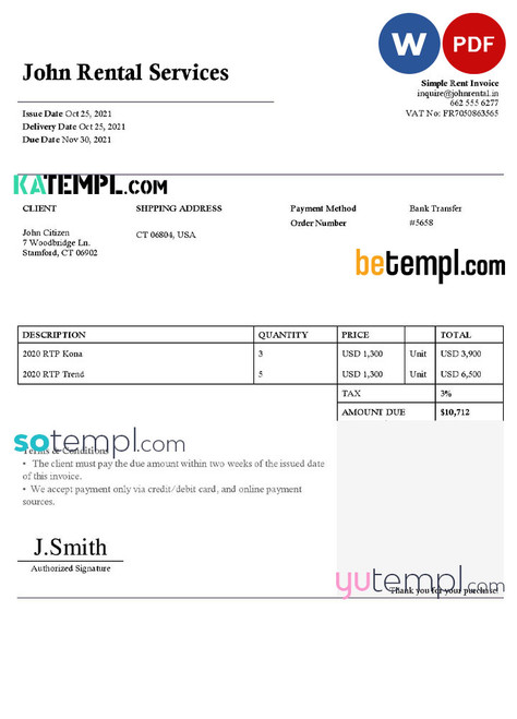 USA John Rental Services invoice template in Word and PDF format, fully editable