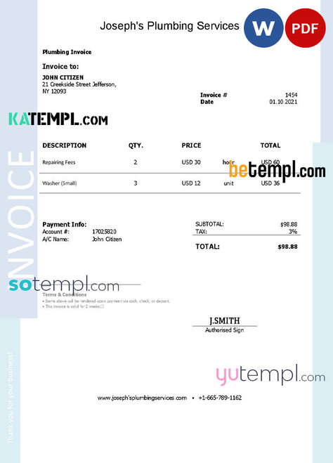 USA Joseph's Plumbing Services invoice template in Word and PDF format, fully editable