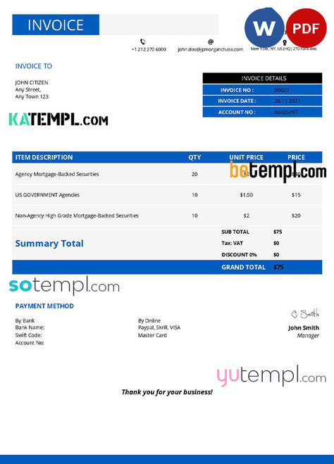 USA JP Morgan invoice template in Word and PDF format, fully editable