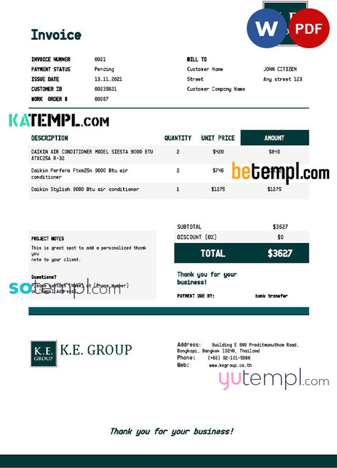 USA KE Group invoice template in Word and PDF format, fully editable