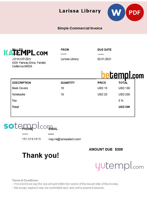 USA Larissa Library invoice template in Word and PDF format, fully editable