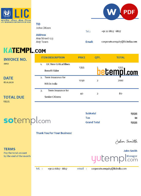 USA LIC invoice templ ate in Word and PDF format, fully editable