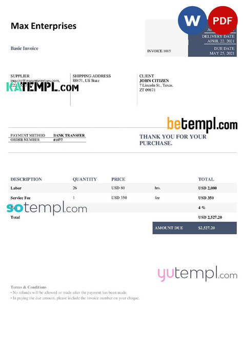 USA Massage Center invoice template in Word and PDF format, fully editable
