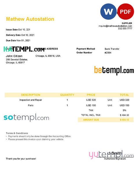 USA Mathew Autostation invoice template in Word and PDF format, fully editable