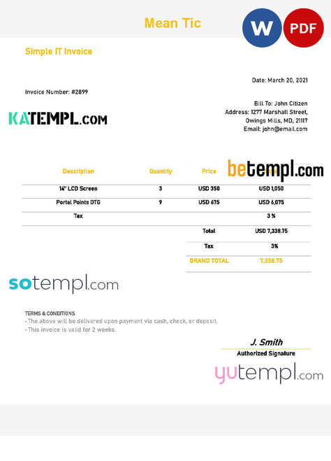 USA Mean Tic invoice template in Word and PDF format, fully editable