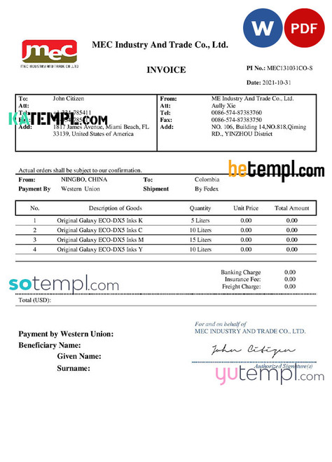 USA MEC Industry and Trade Co invoice template in Word and PDF format, fully editable