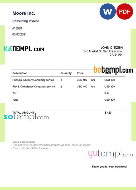 USA Moore Inc. invoice template in Word and PDF format, fully editable