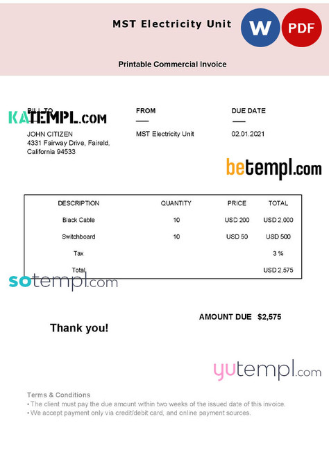 USA MST Electricity Unit invoice template in Word and PDF format, fully editable