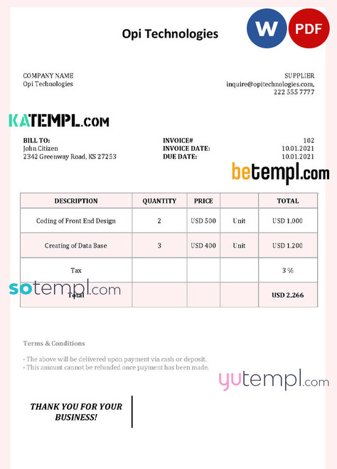 USA Opi Technologies invoice template in Word and PDF format, fully editable