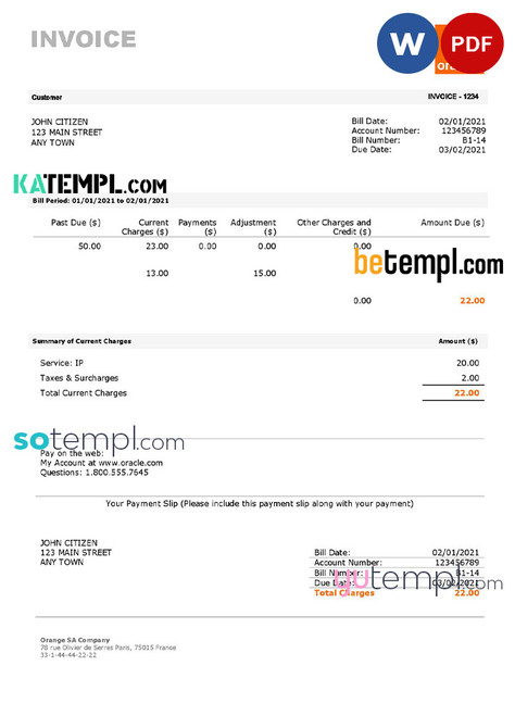 USA Orange invoice template in Word and PDF format, fully editable