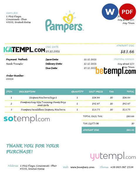 USA Pampers invoice template in Word and PDF format, fully editable