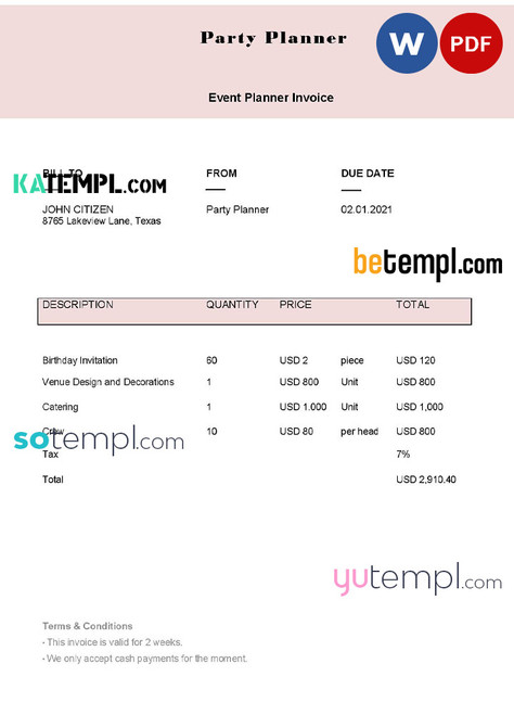 USA Party Planner invoice template in Word and PDF format, fully editable