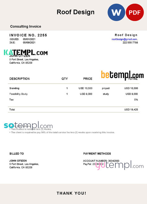 USA Roof Design invoice template in Word and PDF format, fully editable
