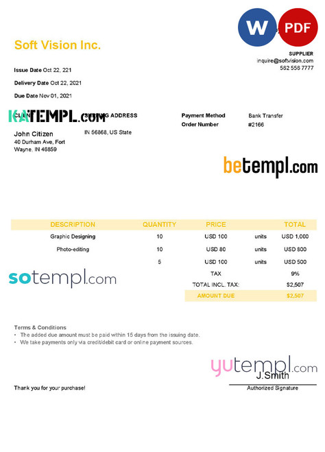 USA Soft Vision Inc. invoice template in Word and PDF format, fully editable