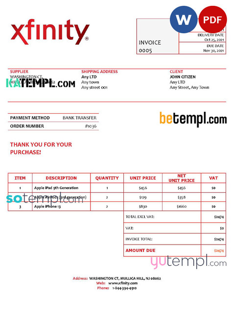 USA Xfinity invoice template in Word and PDF format, fully editable